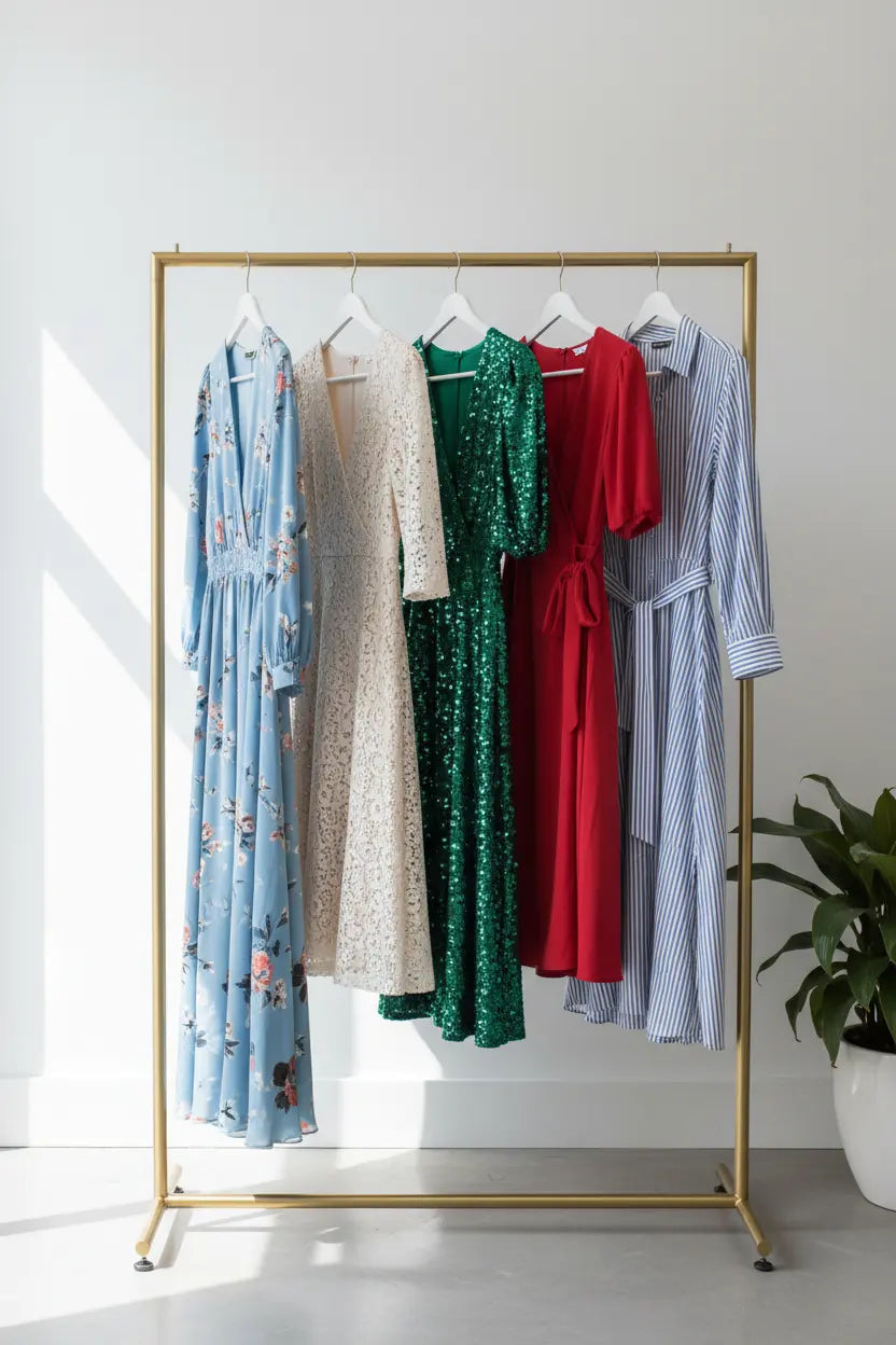 Klädställning med olika typer av klänningar: maxi, midi, mini, omlott och skjortklänning