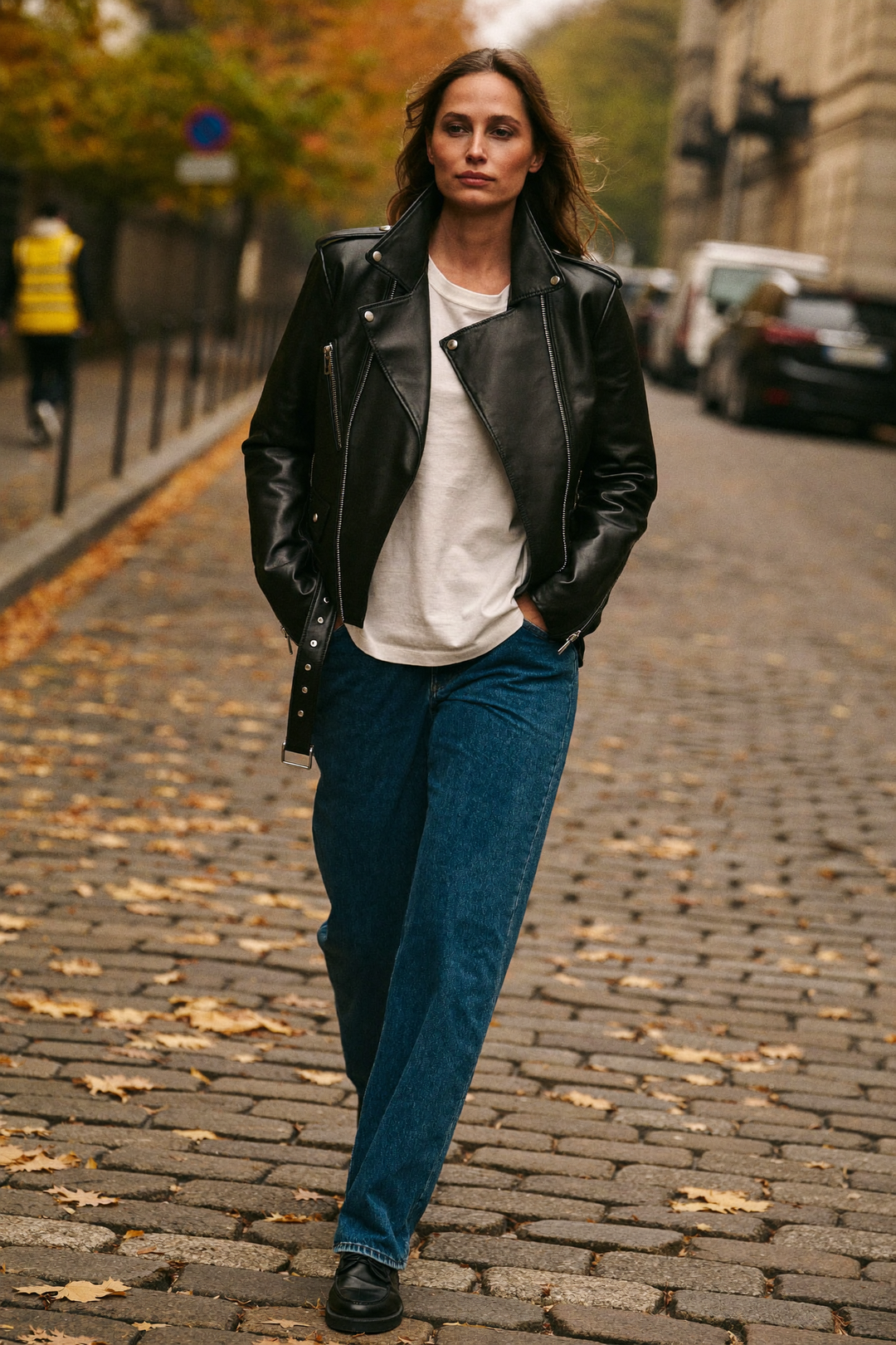 Kvinna i svart skinnjacka dam med asymmetrisk dragkedja, vit t-shirt och blå jeans på en kullerstensgata en höstdag