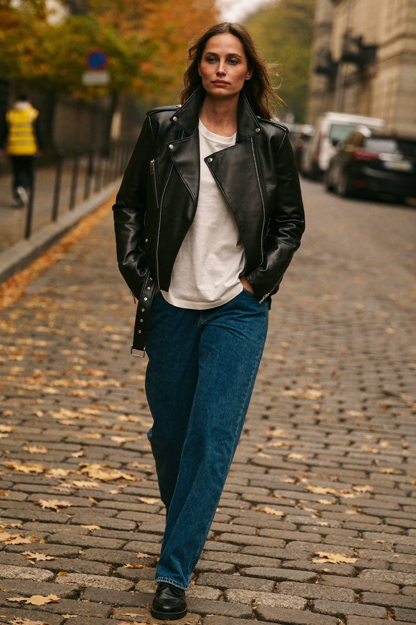Kvinna i svart skinnjacka dam med asymmetrisk dragkedja, vit t-shirt och blå jeans på en kullerstensgata en höstdag