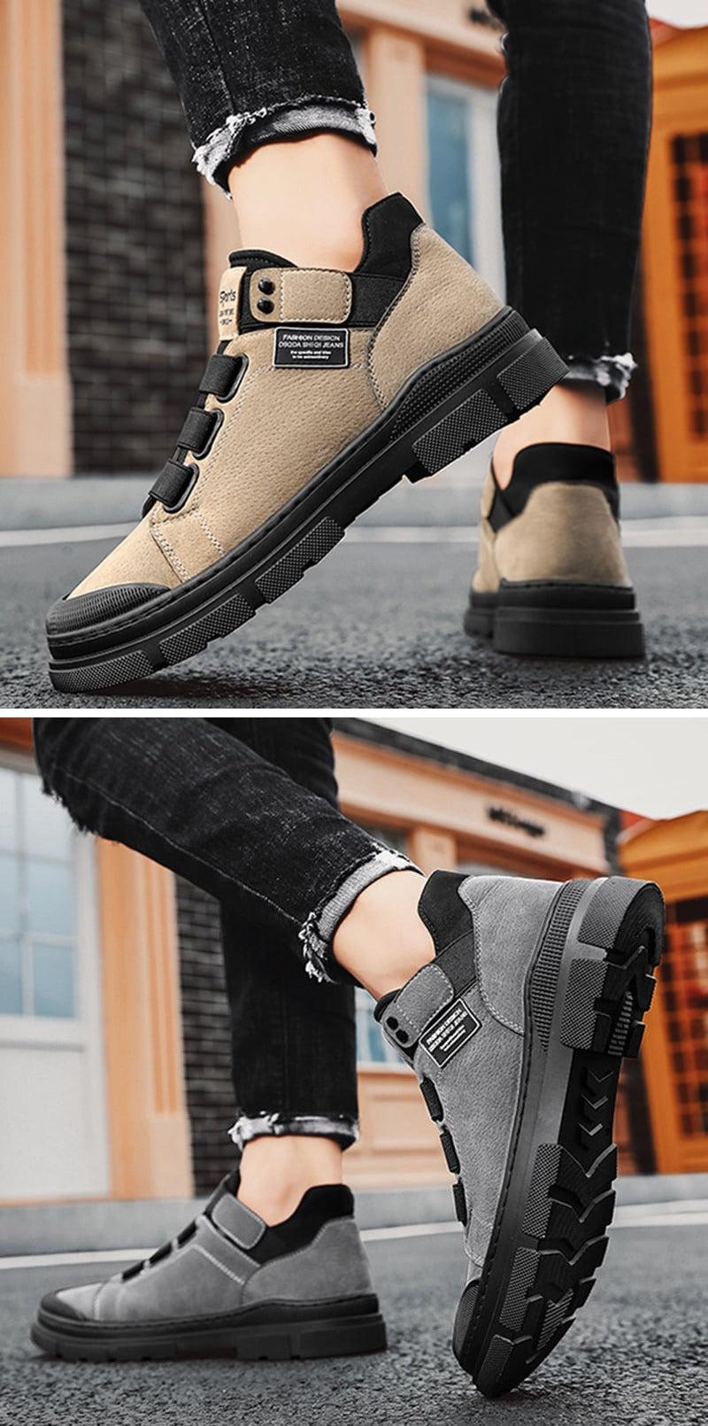 Vintersneakers för herr med resårband i beige och grått, burna med svarta jeans på en gata