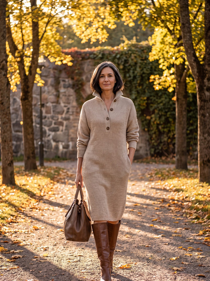 Sophie beige stickad midiklänning med långa ärmar och fickor – Lissandra.se