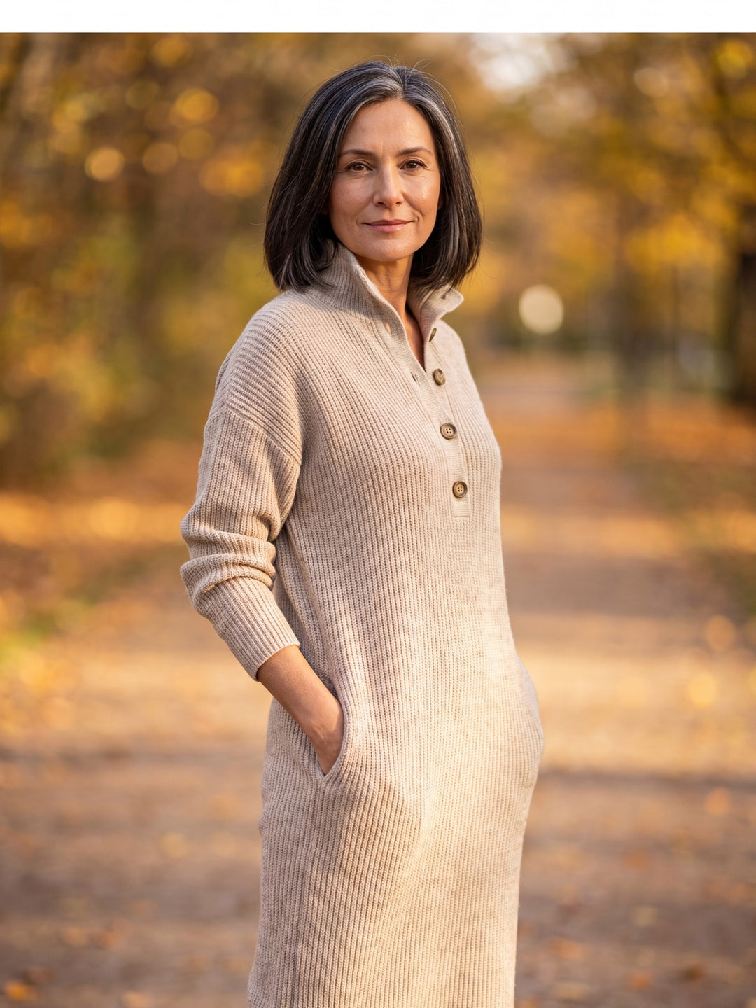 Sophie beige stickad midiklänning med påsydda fickor och knappar – Lissandra.se