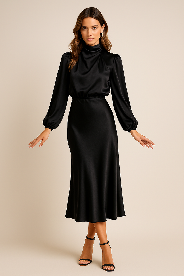 Anna | Elegant Vit Hög Hals Midi Klänning för Dam 0