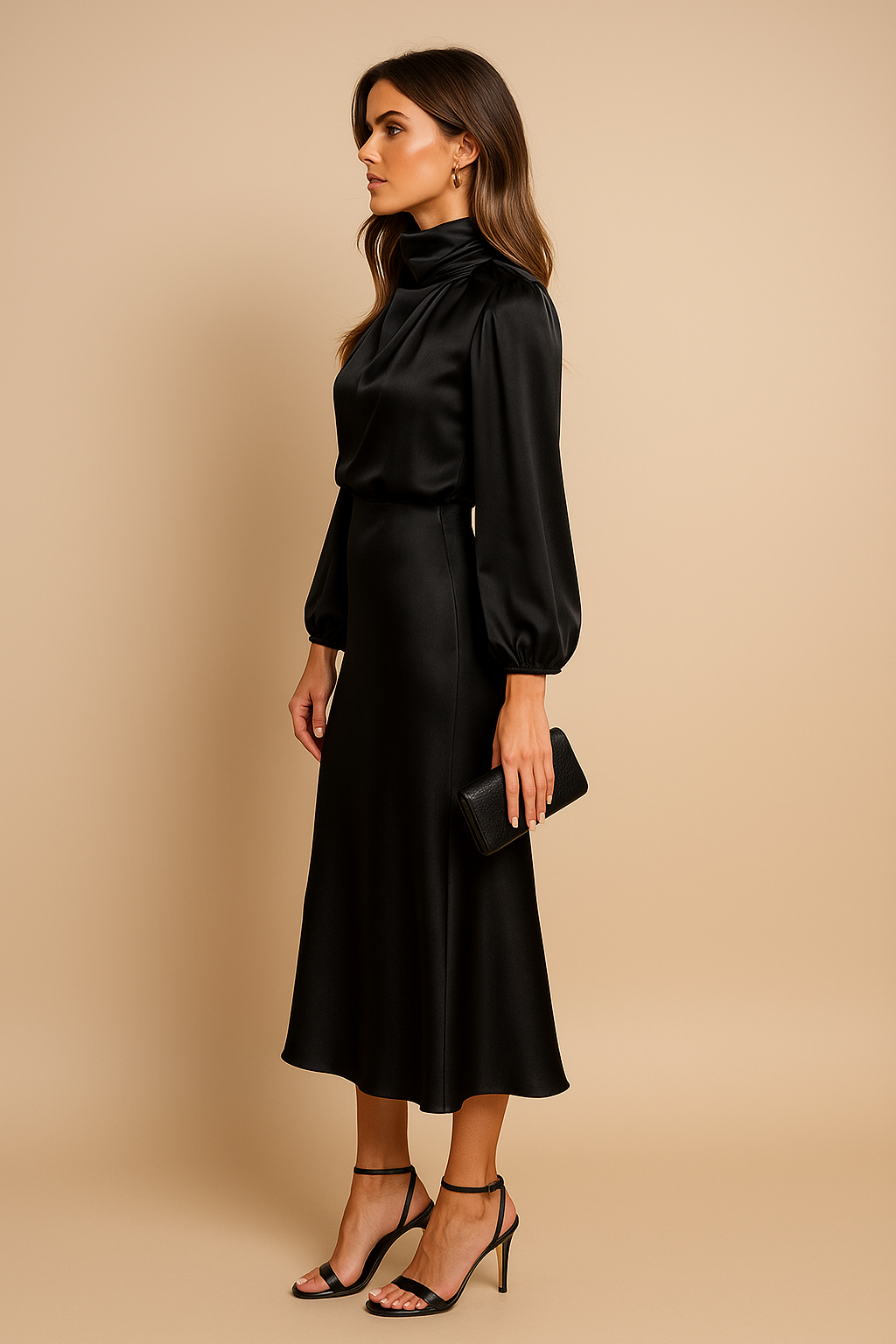Anna | Elegant Vit Hög Hals Midi Klänning för Dam 1