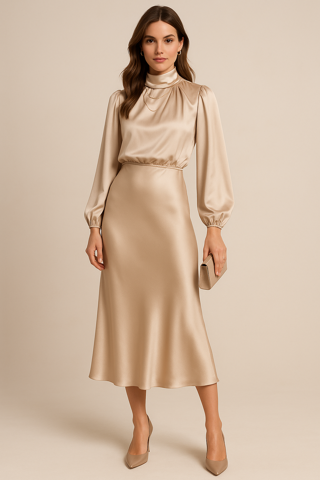 Anna | Elegant Vit Hög Hals Midi Klänning för Dam 2