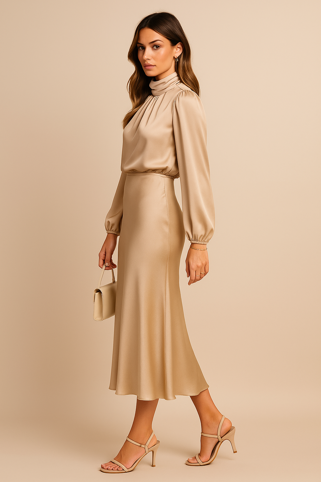 Anna | Elegant Vit Hög Hals Midi Klänning för Dam 3