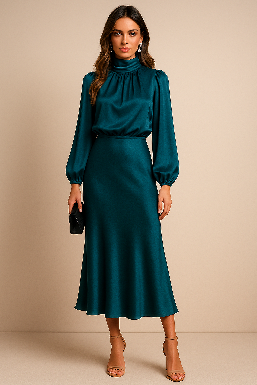 Anna | Elegant Vit Hög Hals Midi Klänning för Dam 4
