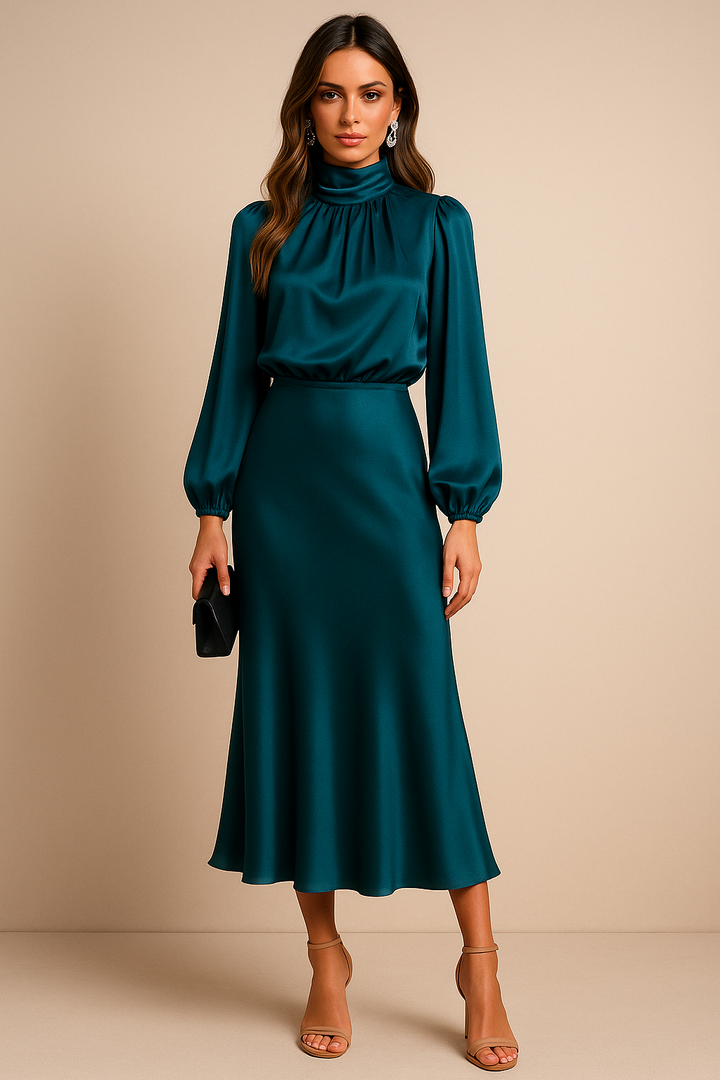 Anna | Elegant Vit Hög Hals Midi Klänning för Dam 4
