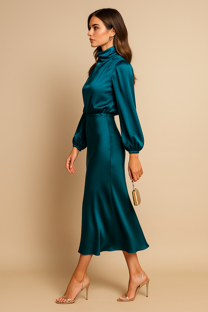 Anna | Elegant Vit Hög Hals Midi Klänning för Dam 5
