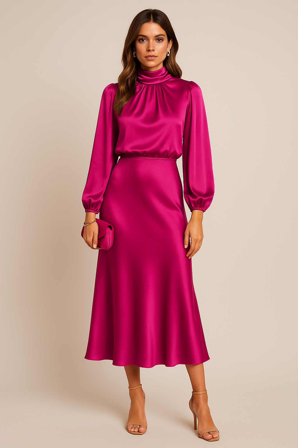 Anna | Elegant Vit Hög Hals Midi Klänning för Dam 6