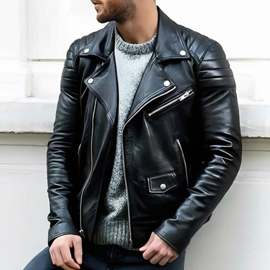 Bikerjacka i Läder för Män med Asymmetrisk Dragkedja | Slitstark Design för Tidlös Urban Stil 0