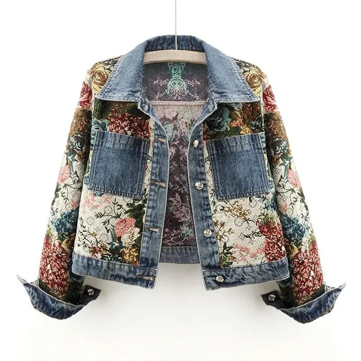 Blommig Jeansjacka Dam | Vintage Denimjacka med Unikt Mönster | Trendig Stil för Kvinnor 0