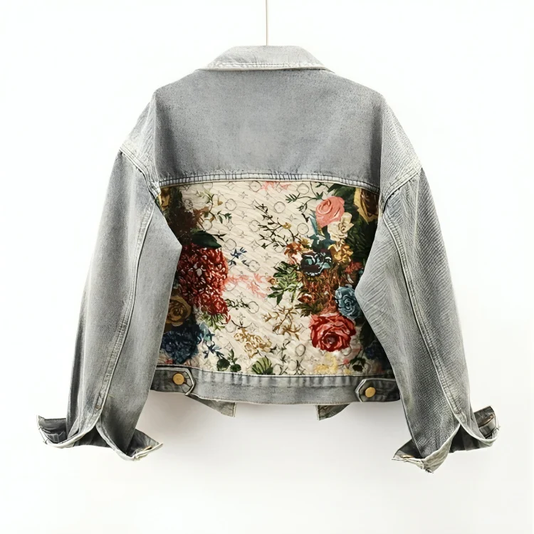 Blommig Jeansjacka Dam | Vintage Denimjacka med Unikt Mönster | Trendig Stil för Kvinnor 1
