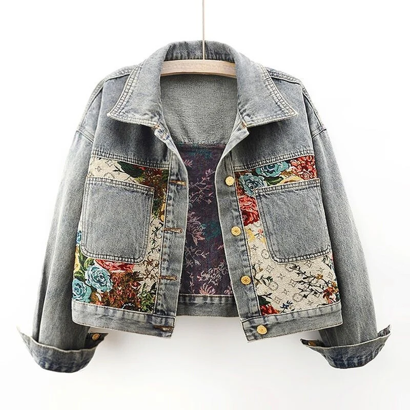Blommig Jeansjacka Dam | Vintage Denimjacka med Unikt Mönster | Trendig Stil för Kvinnor 2