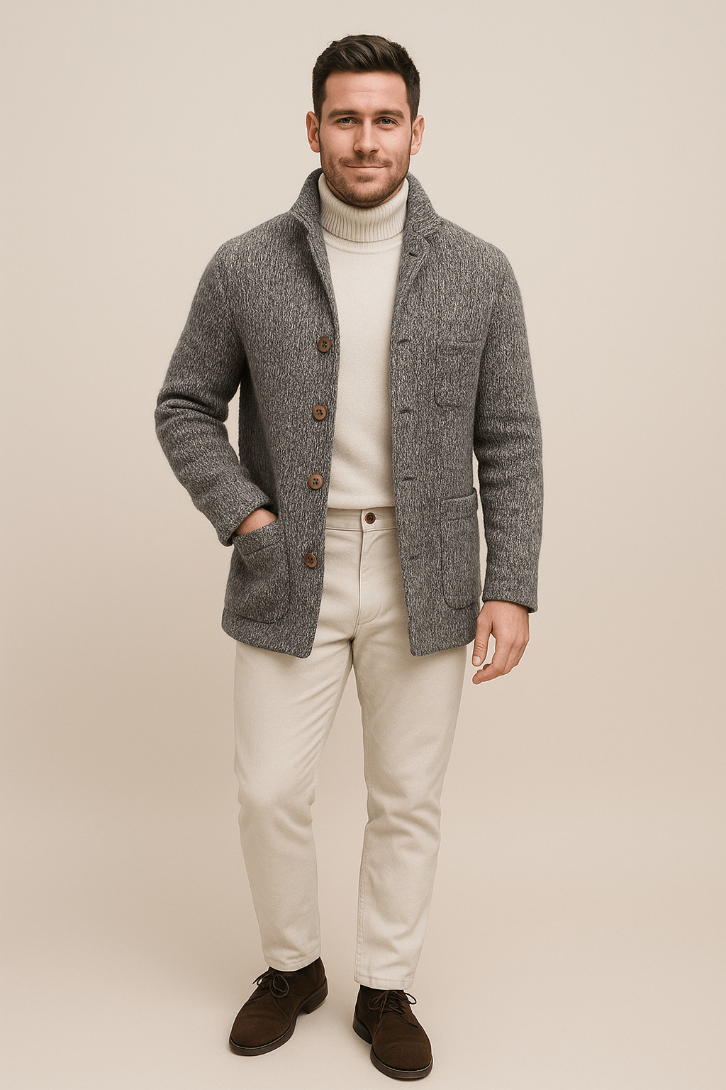 Chunky Stickad Cardigan för Män med Ståkrage | Tidlös Komfort och Stil 2