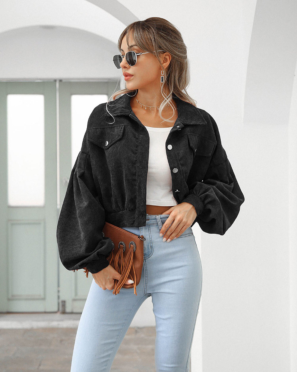 Cropped Jeansjacka Dam | Svart Jeansjacka med Ballongärmar | Modern Casual Look för Vardagsstil 5