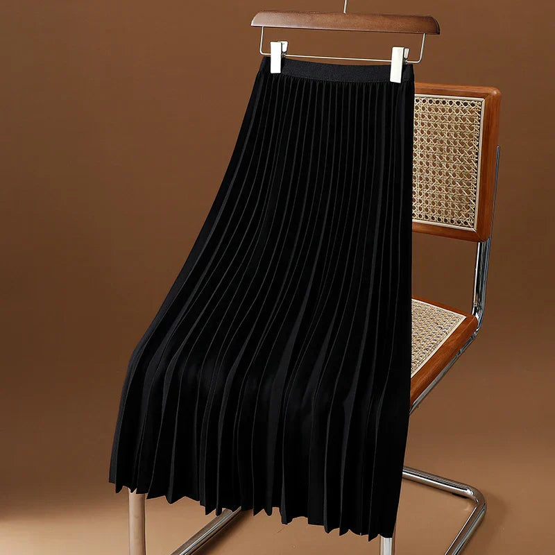 Elegant A-linje Midikjol med Plisserad Design och Elastisk Midja | Mångsidig Stil för Komfort och Klädval 0