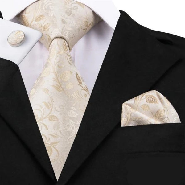 Elegant Blommig Slips i Vitguld med Matchande Fickruta & Manschettknappar | Perfekt för Formella Tillfällen 0