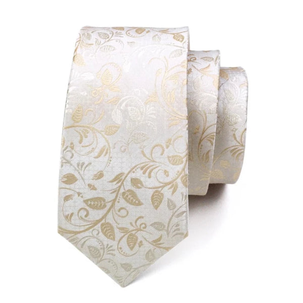 Elegant Blommig Slips i Vitguld med Matchande Fickruta & Manschettknappar | Perfekt för Formella Tillfällen 1
