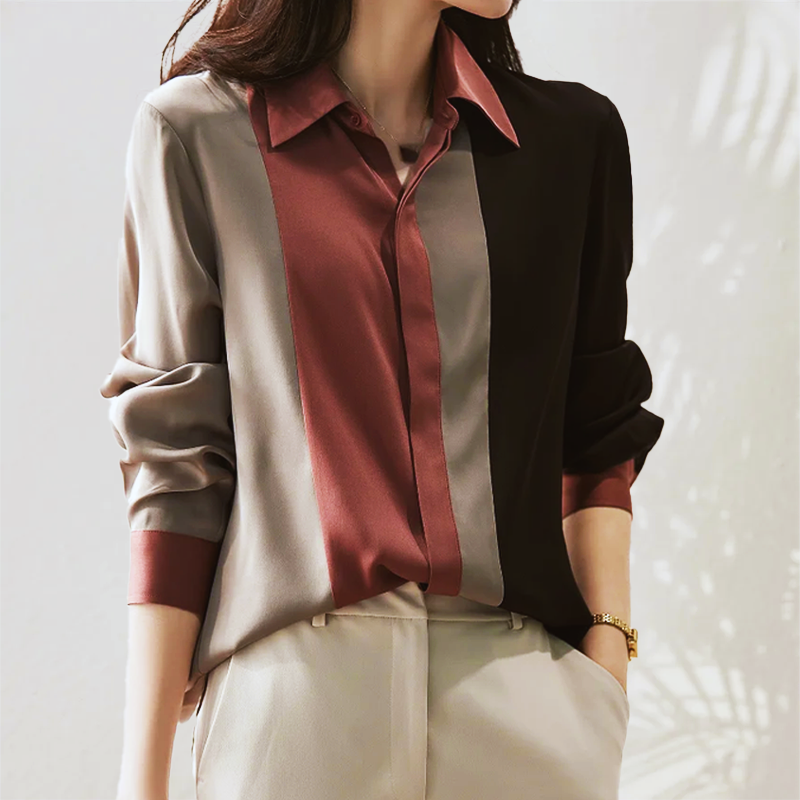 Elegant Blus Dam | Färgblock Blus med Modern Patchwork Design | Bekväm Kontorsblus för Stil och Mångsidighet 0