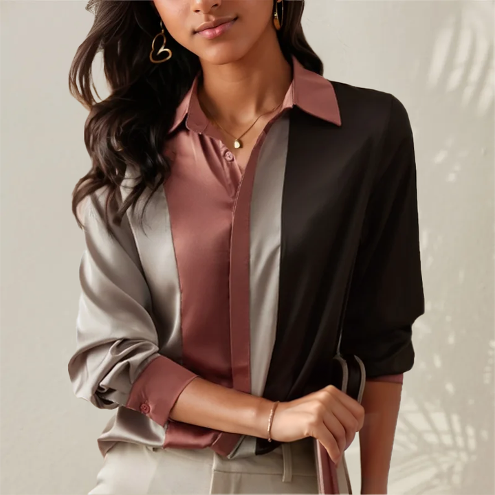 Elegant Blus Dam | Färgblock Blus med Modern Patchwork Design | Bekväm Kontorsblus för Stil och Mångsidighet 1