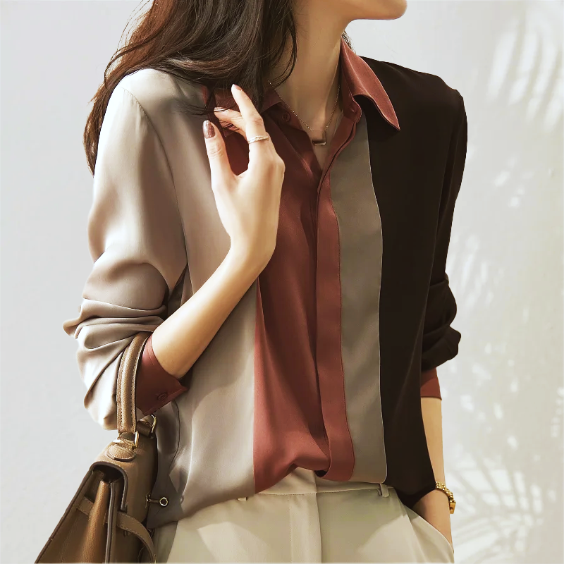 Elegant Blus Dam | Färgblock Blus med Modern Patchwork Design | Bekväm Kontorsblus för Stil och Mångsidighet 2