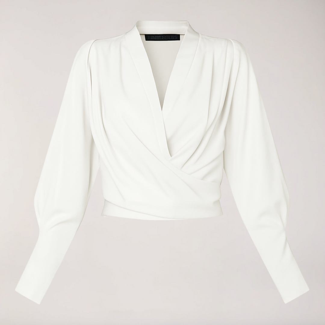 Elegant Blus | Damblus med V-ringning och Puffärmar i Satäng | Smickrande Passform för Stil och Komfort 0