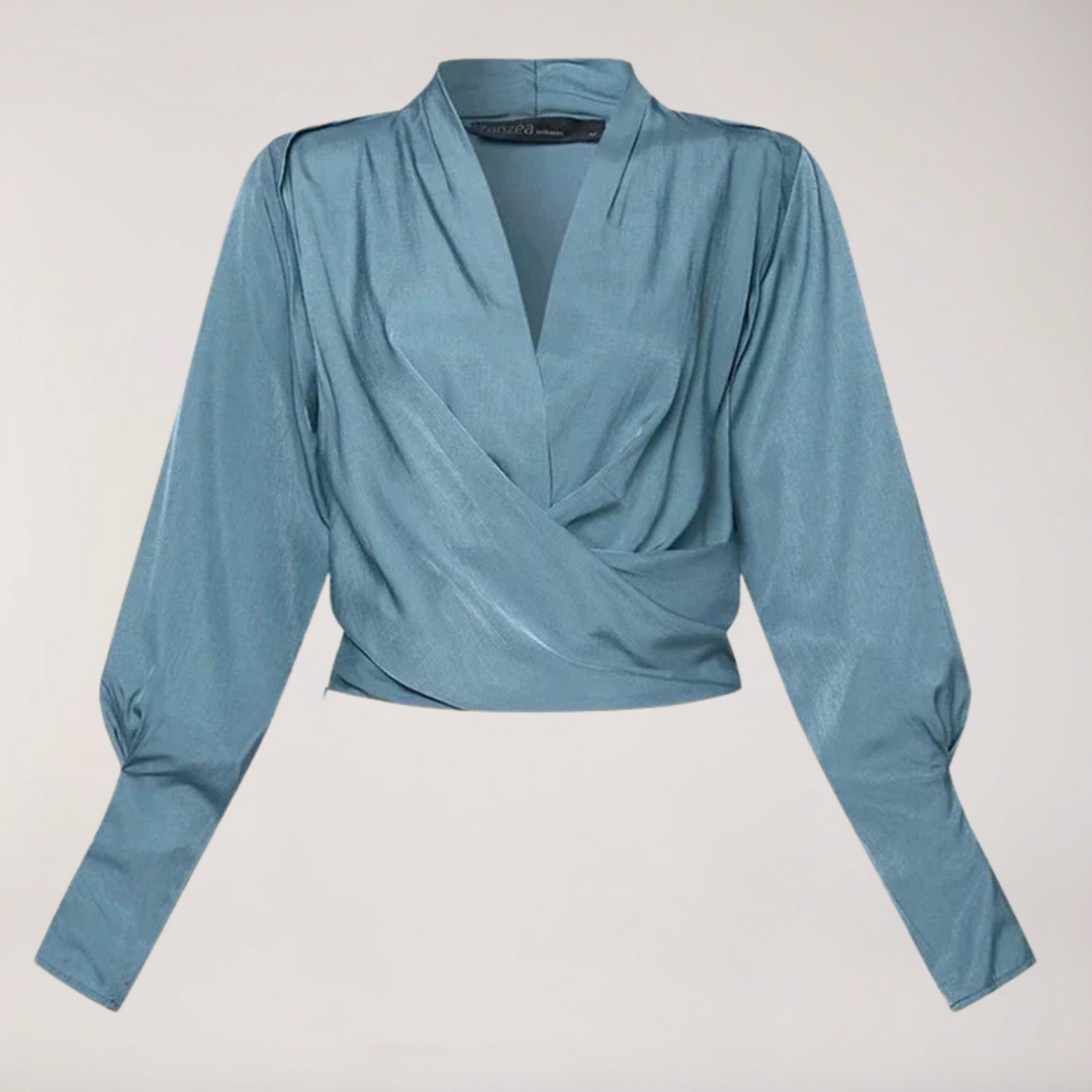 Elegant Blus | Damblus med V-ringning och Puffärmar i Satäng | Smickrande Passform för Stil och Komfort 2