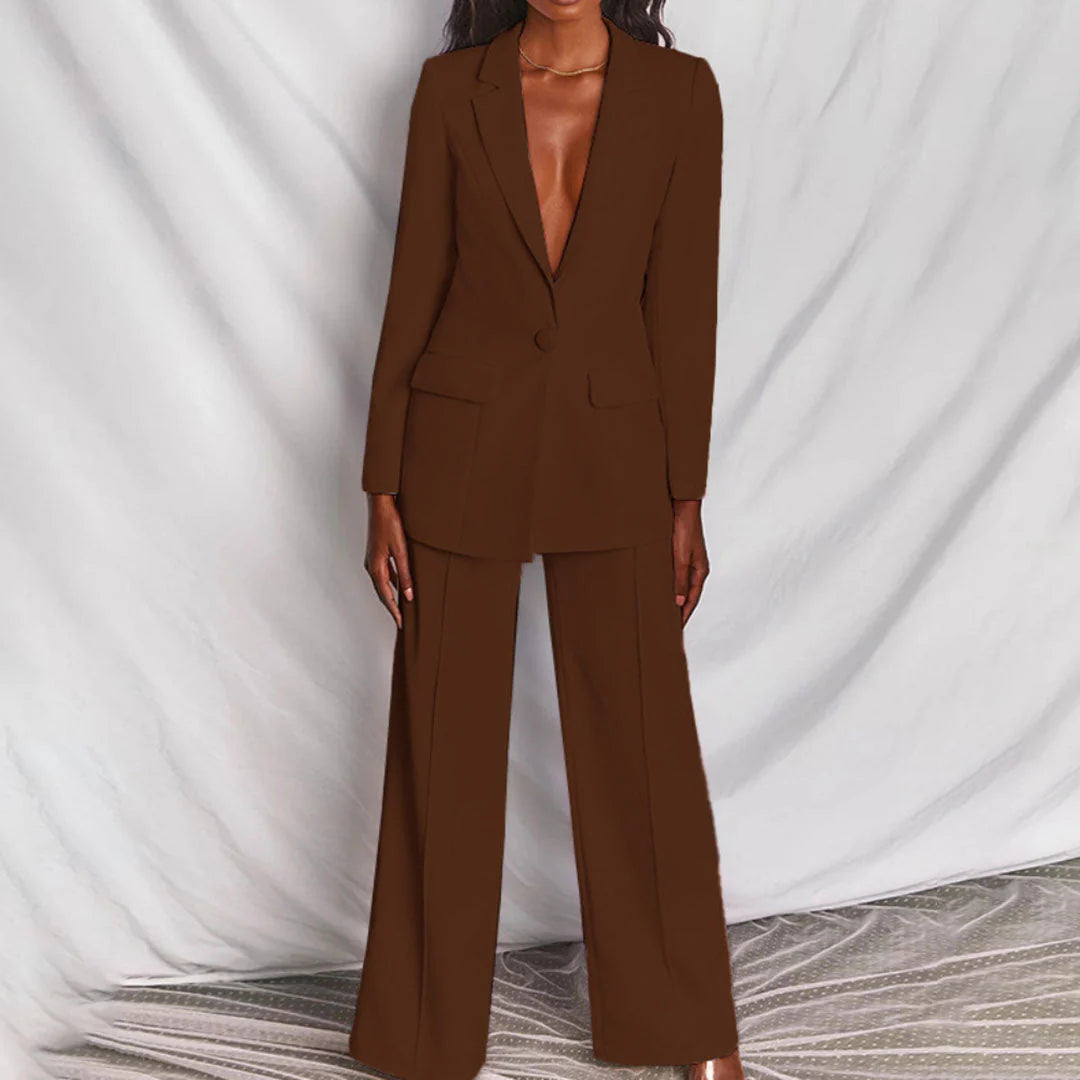 Elegant Byxdräkt | Skräddarsydd Byxdräkt med Longline Blazer & Vida Ben | Stilig Look för Affärer och Evenemang 3