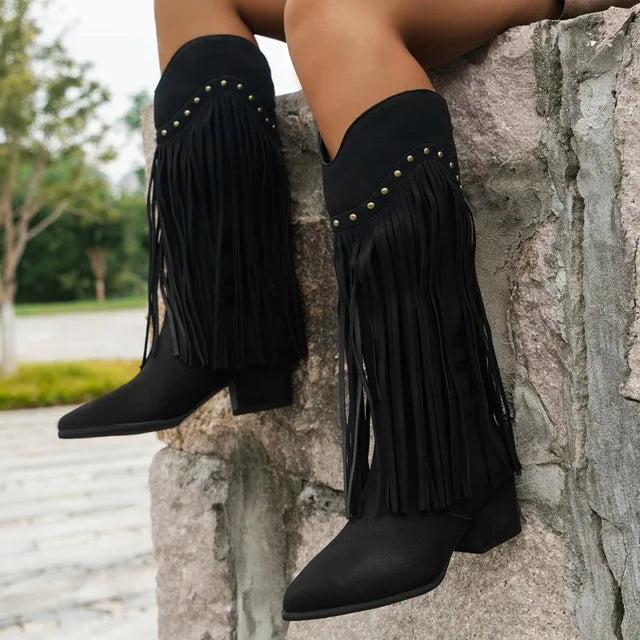 Elegant Cowboystövlar för Kvinnor med Fransar &amp; Fyrkantig Klack | Bekväm Slip-On Design för Stil och Komfort 0