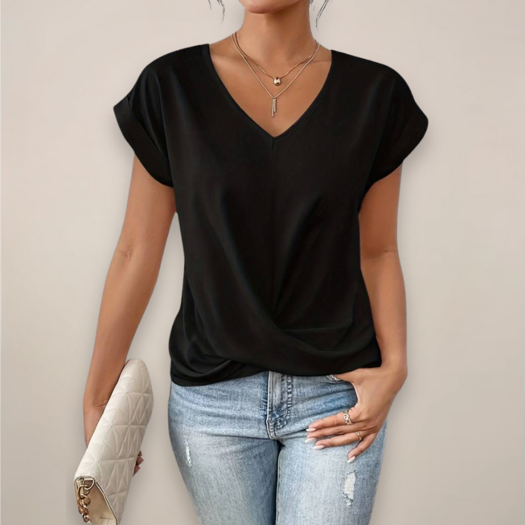 Elegant Damtopp | Kortärmad V-ringad Topp med Twist-Front Detalj | Avslappnad Passform för Vår och Sommar 0