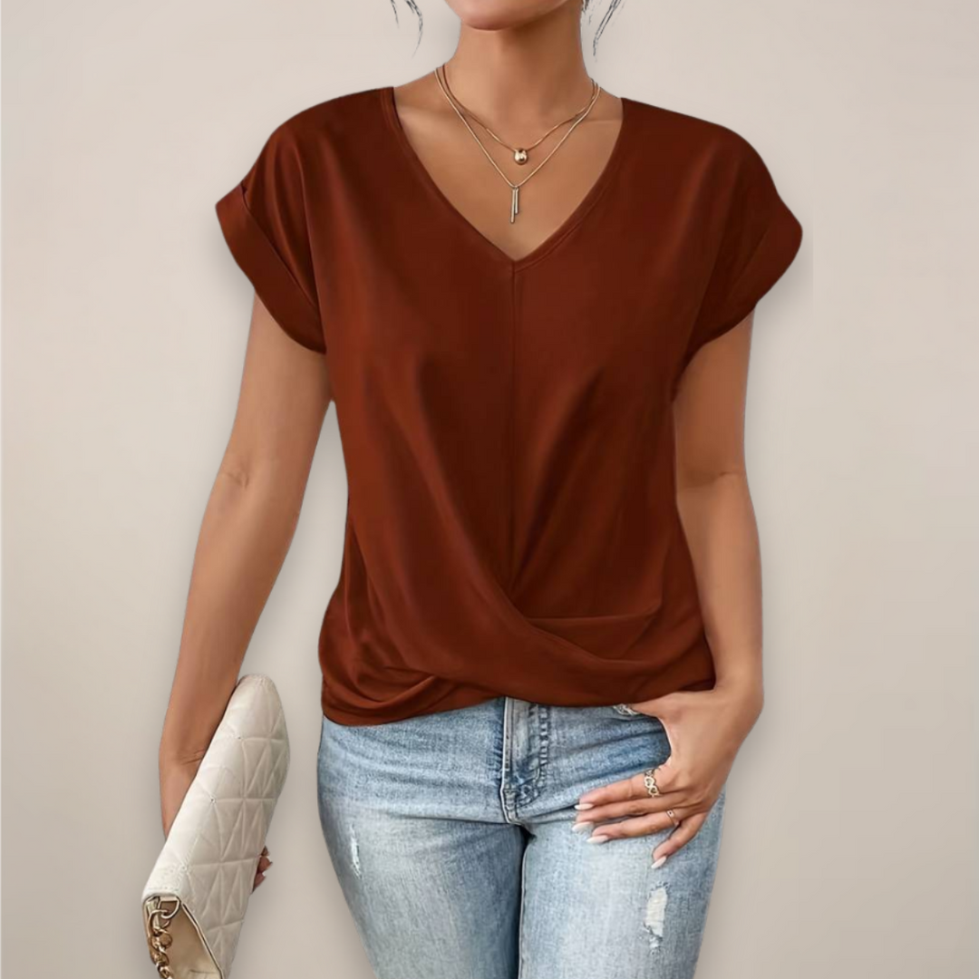 Elegant Damtopp | Kortärmad V-ringad Topp med Twist-Front Detalj | Avslappnad Passform för Vår och Sommar 1