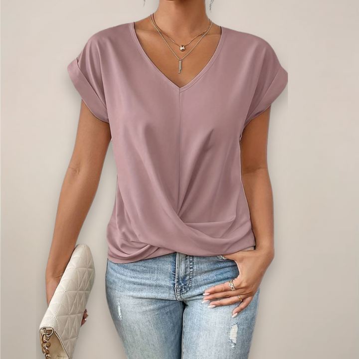 Elegant Damtopp | Kortärmad V-ringad Topp med Twist-Front Detalj | Avslappnad Passform för Vår och Sommar 2