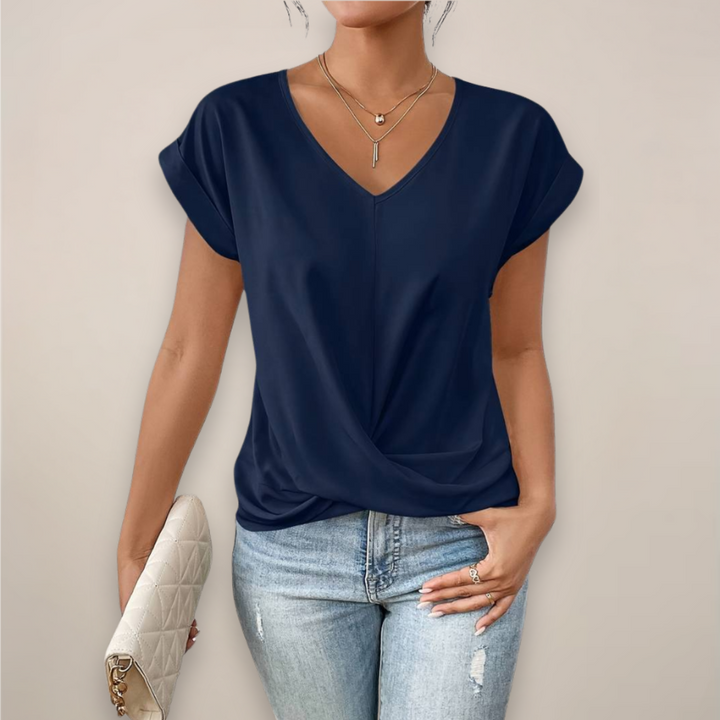 Elegant Damtopp | Kortärmad V-ringad Topp med Twist-Front Detalj | Avslappnad Passform för Vår och Sommar 3