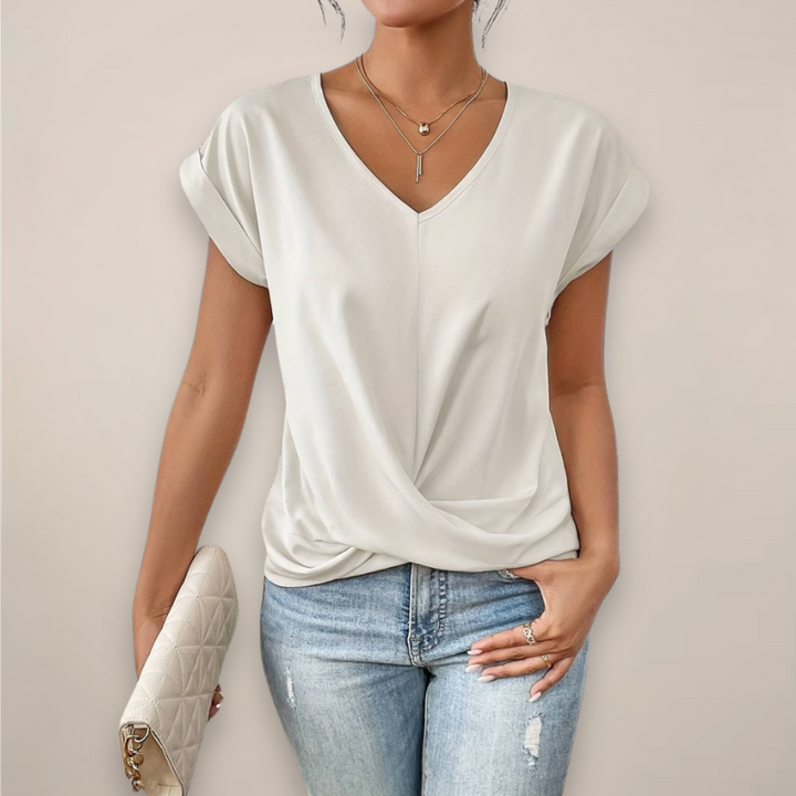 Elegant Damtopp | Kortärmad V-ringad Topp med Twist-Front Detalj | Avslappnad Passform för Vår och Sommar 4