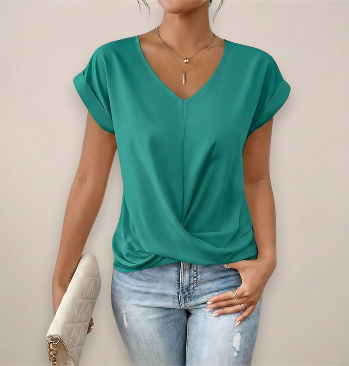 Elegant Damtopp | Kortärmad V-ringad Topp med Twist-Front Detalj | Avslappnad Passform för Vår och Sommar 5