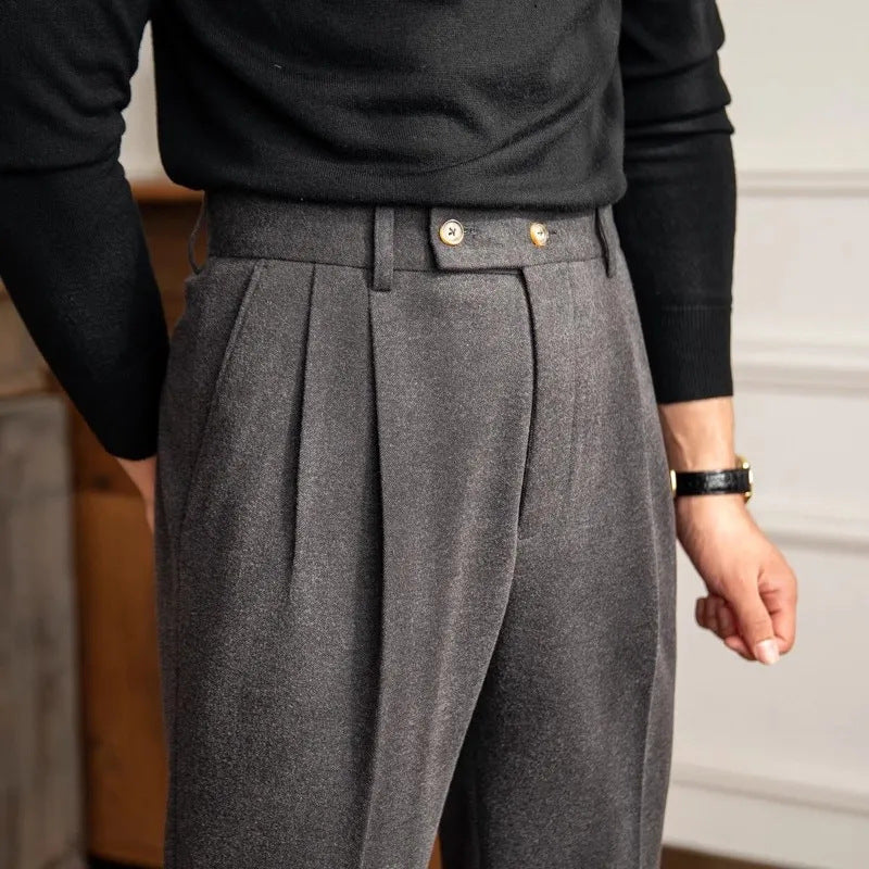 Elegant Herrbyxor | Hög Midja Plisserade med Subtil Stretch | Mångsidiga Formella Byxor för Stil och Komfort 0