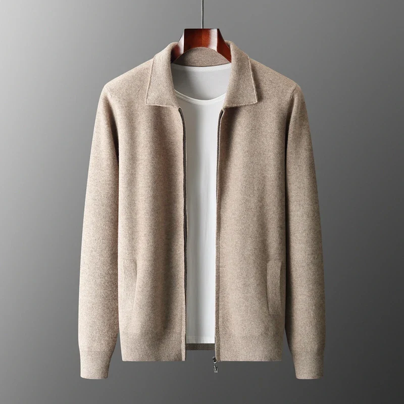 Elegant Herrkofta | Zip Up Cardigan med Skjortkrage &amp; Fickor | Mångsidig Stil för Smart-Casual Look 0