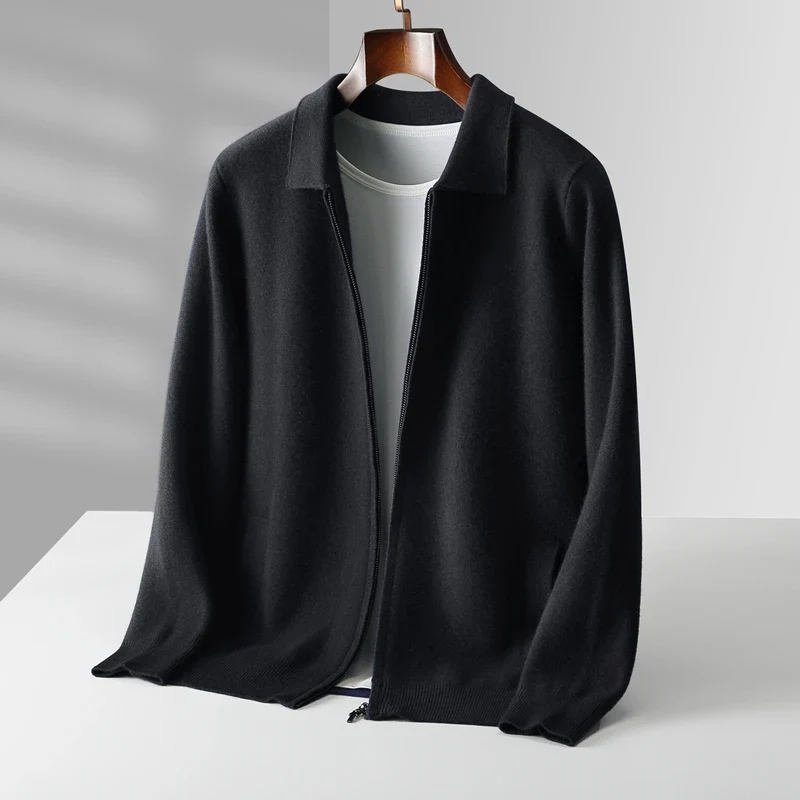 Elegant Herrkofta | Zip Up Cardigan med Skjortkrage &amp; Fickor | Mångsidig Stil för Smart-Casual Look 4