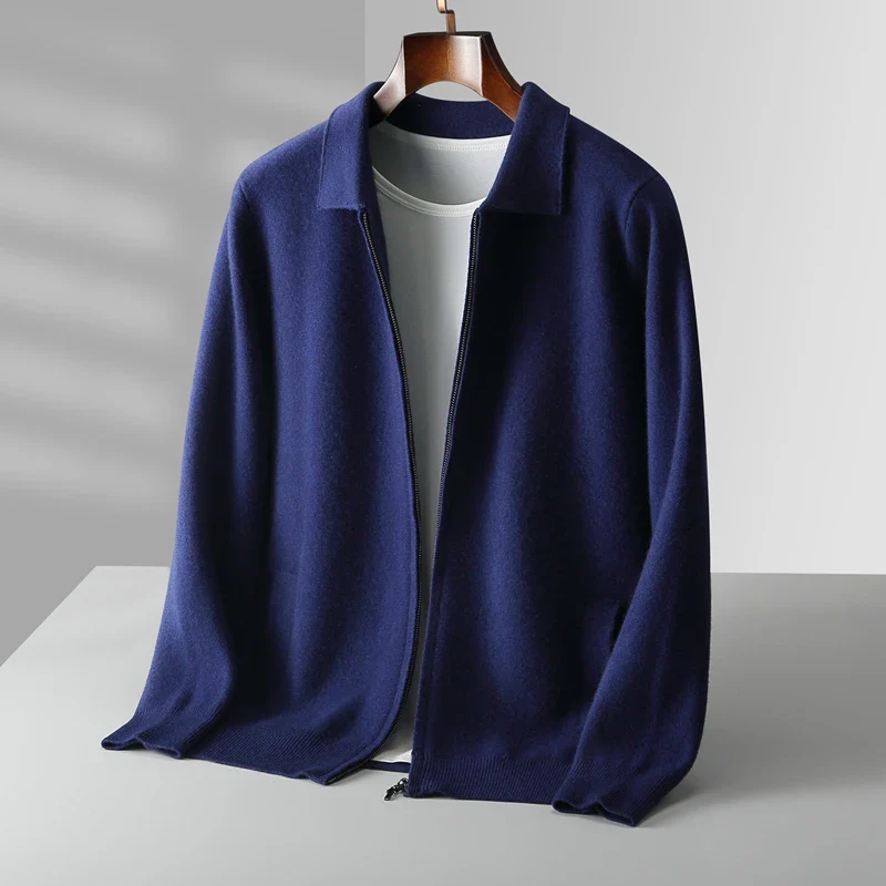 Elegant Herrkofta | Zip Up Cardigan med Skjortkrage &amp; Fickor | Mångsidig Stil för Smart-Casual Look 5
