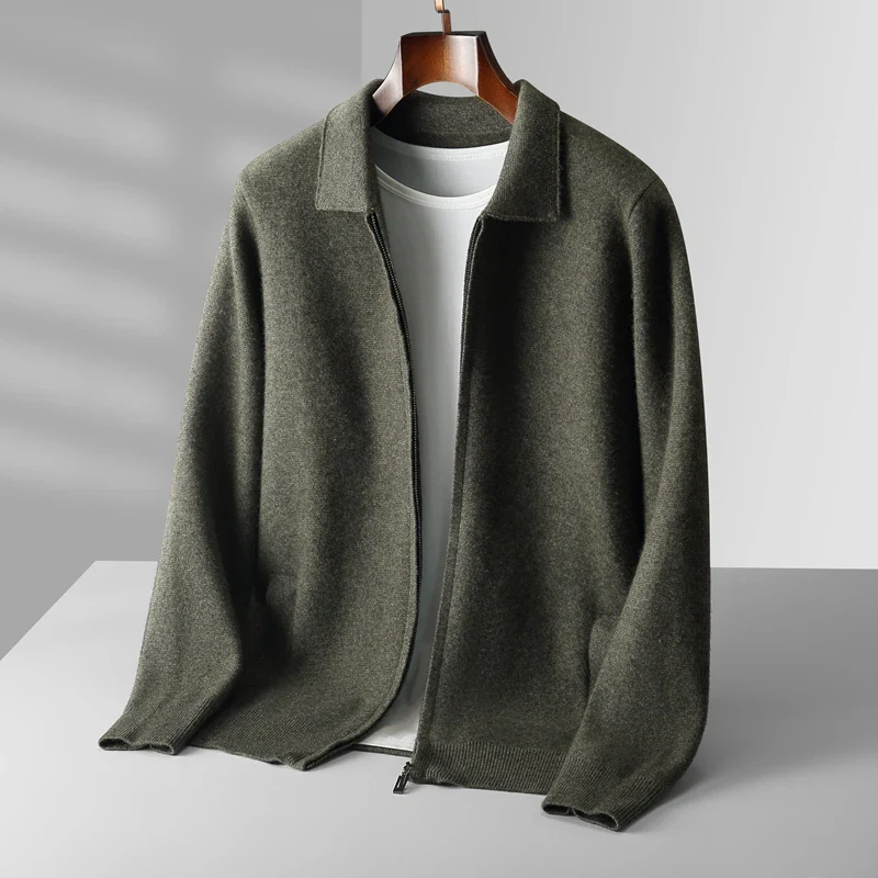 Elegant Herrkofta | Zip Up Cardigan med Skjortkrage &amp; Fickor | Mångsidig Stil för Smart-Casual Look 6