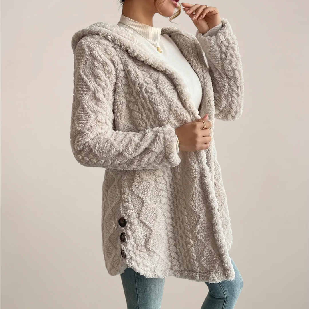 Elegant Huva | Damjacka i Plysch med Jacquardmönster | Varm Kofta för All Säsong 1