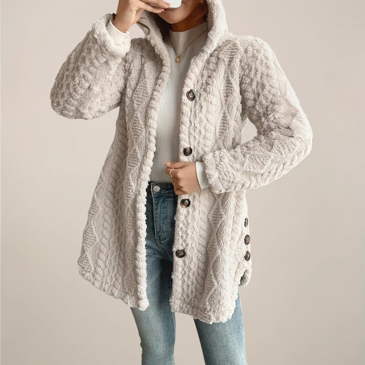 Elegant Huva | Damjacka i Plysch med Jacquardmönster | Varm Kofta för All Säsong 3