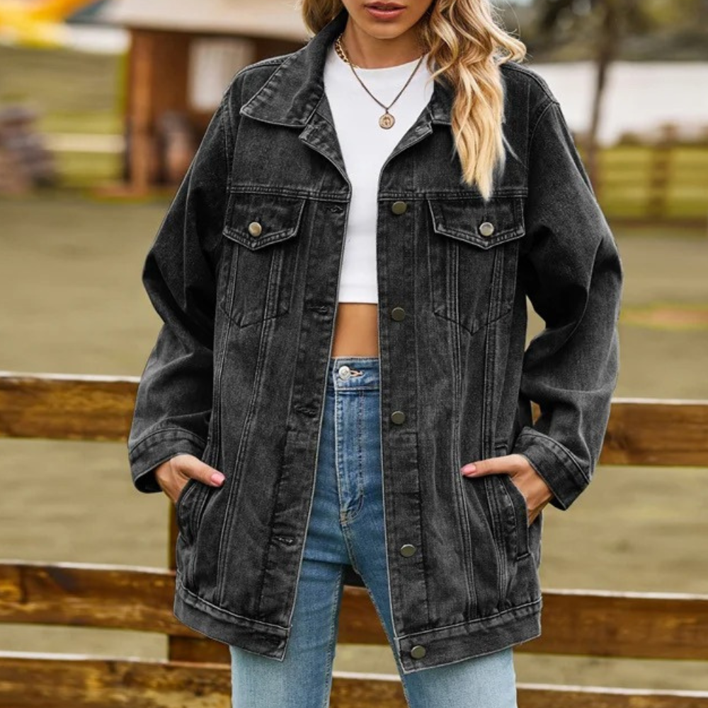 Elegant Jeansjacka Dam | Svart Denimjacka med Praktiska Fickor | Tidlös Stil för Varje Tillfälle 0