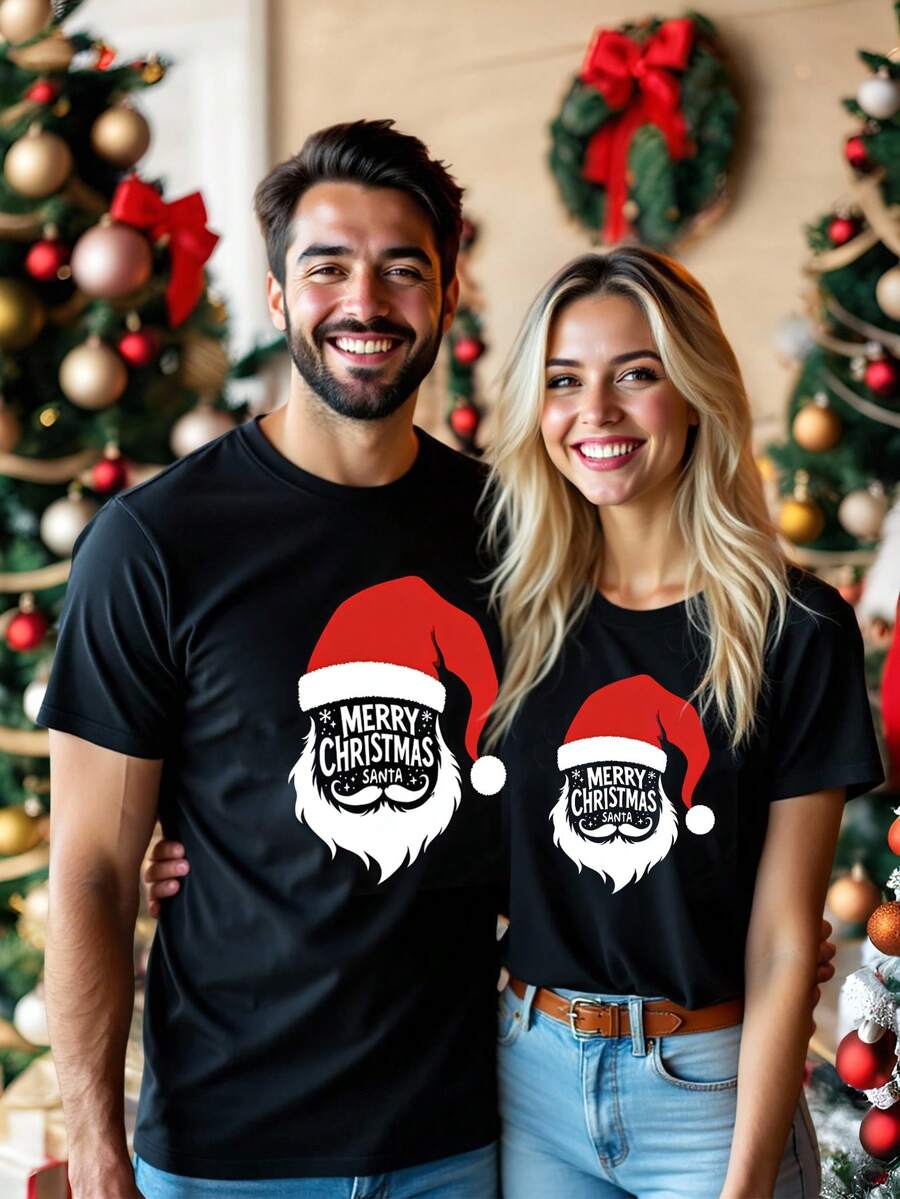 Elegant Jul T-shirt Set | Unisex Svart T-shirt med Rolig Julgrafik | Bekväm Passform för Par 1