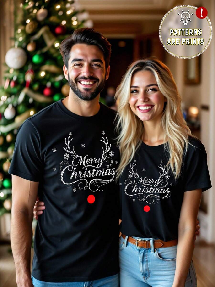 Elegant Jul T-shirt Set | Unisex Svart T-shirt med Rolig Julgrafik | Bekväm Passform för Par 2