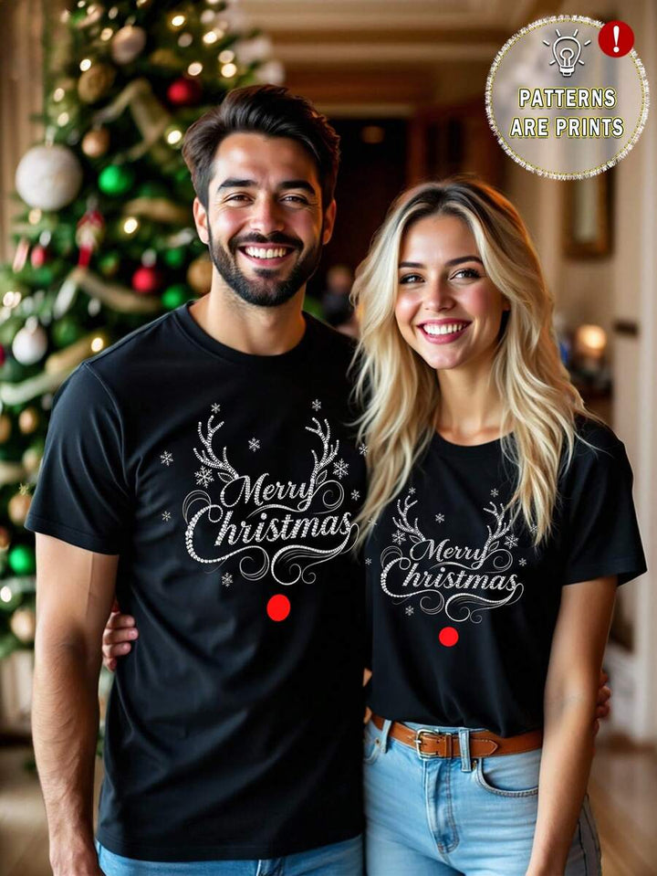 Elegant Jul T-shirt Set | Unisex Svart T-shirt med Rolig Julgrafik | Bekväm Passform för Par 2