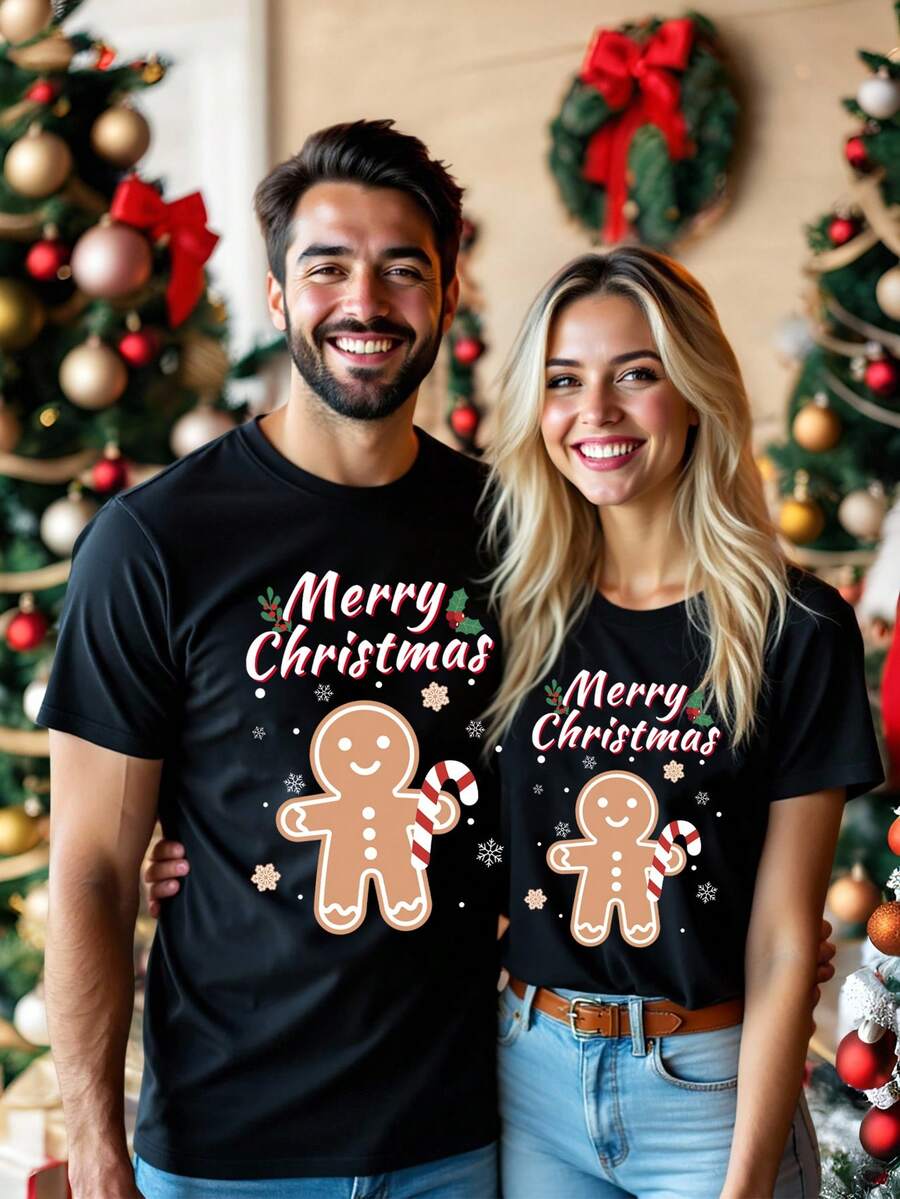 Elegant Jul T-shirt Set | Unisex Svart T-shirt med Rolig Julgrafik | Bekväm Passform för Par 4