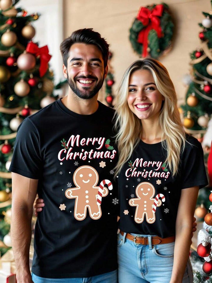 Elegant Jul T-shirt Set | Unisex Svart T-shirt med Rolig Julgrafik | Bekväm Passform för Par 4