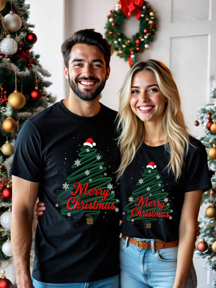 Elegant Jul T-shirt Set | Unisex Svart T-shirt med Rolig Julgrafik | Bekväm Passform för Par 6